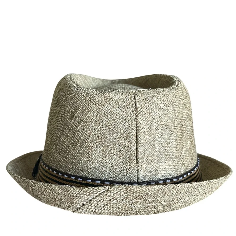 Kids Tan‎ Woven Fedora Hat Striped Band Size 54 Summer Trilby Sun Hat